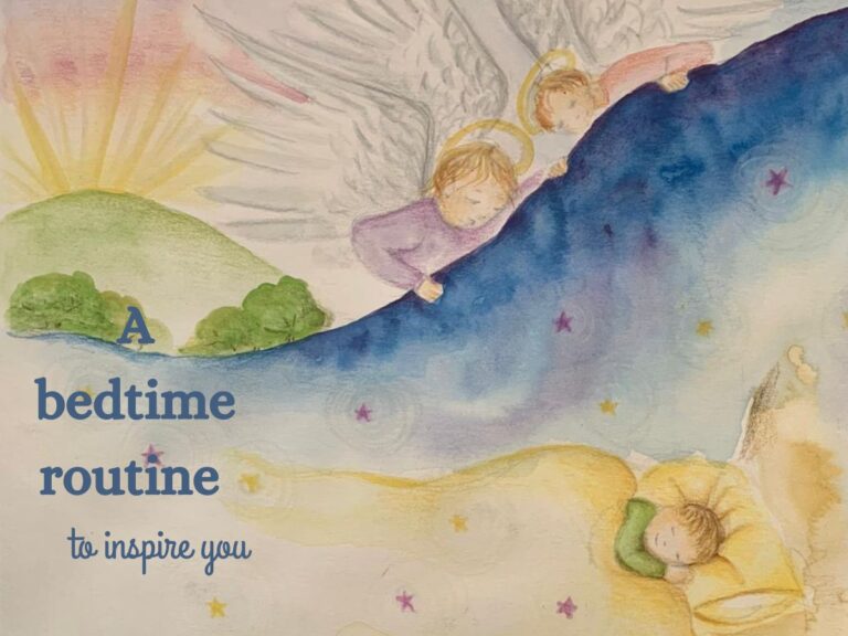 drawing of a child sleeping peacefully with angels watching over the child