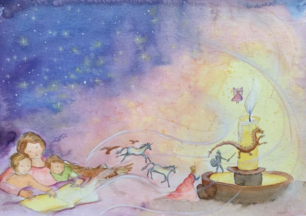 drawing of bedtime story mother and her two children in bed reading a story