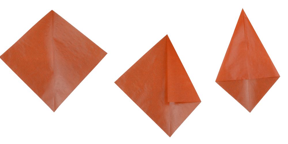 a square kite paper with middle crease and another with one side folded and the last one with two sides folded to the centre crease forming a point star