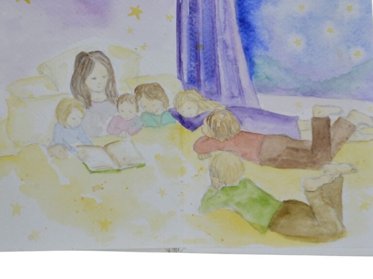 mother reading her children in the bed