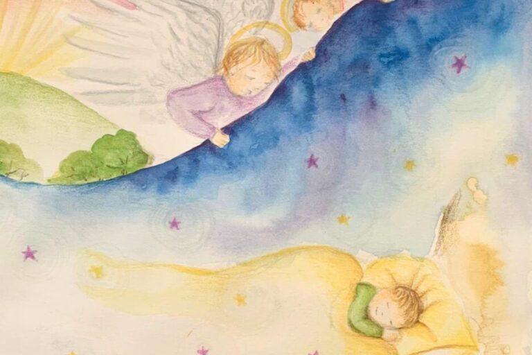 angels watching over a sleeping boy