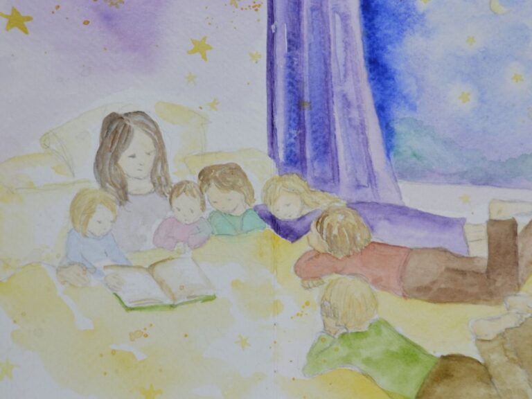 a mother reading a story to her children in a big bed