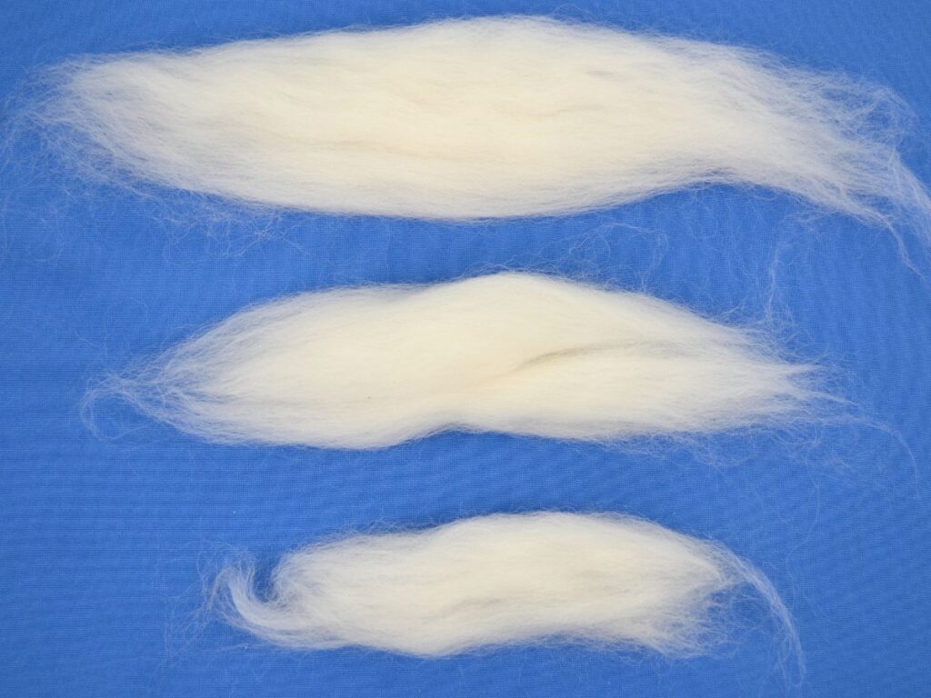 Step 1 of wool angel: Three pieces of wool of different lengths.
Blue background