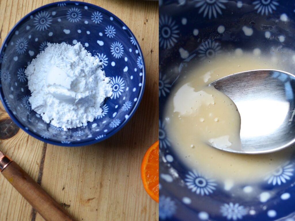 a bowl with icing sugar and a bowl with a mixture of icing sugar with mandarine orange juice