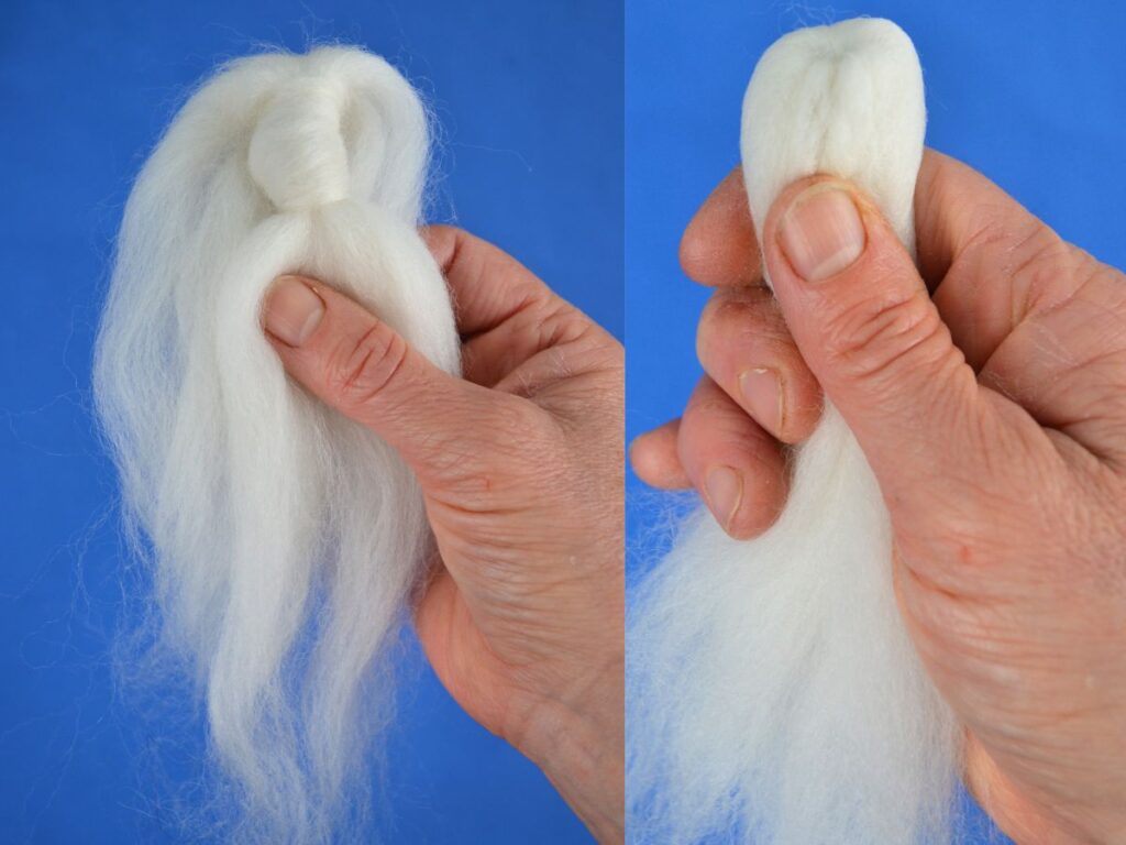 Step 3 Wool Angel: a hand holding the piece of wool with a knot in half, and another picture showing covering the knot with wool
Blue background
