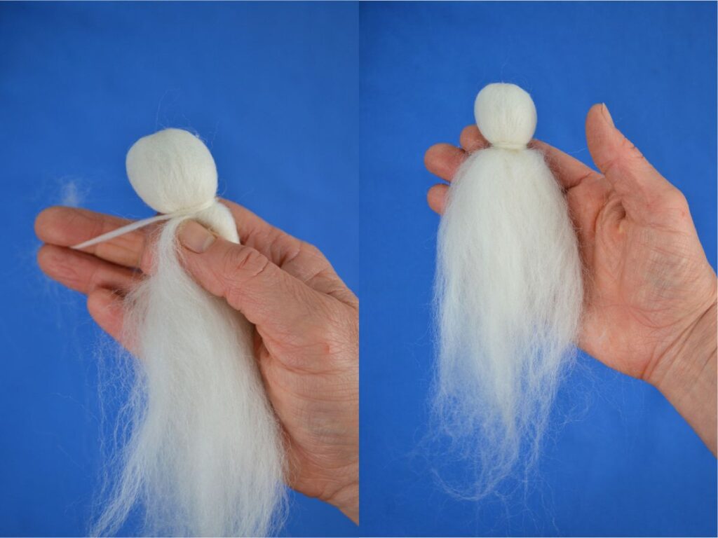 Step 4 wool angel: a hand tying a piece of wool around the knot, and a finished wool angel head.
Blue background