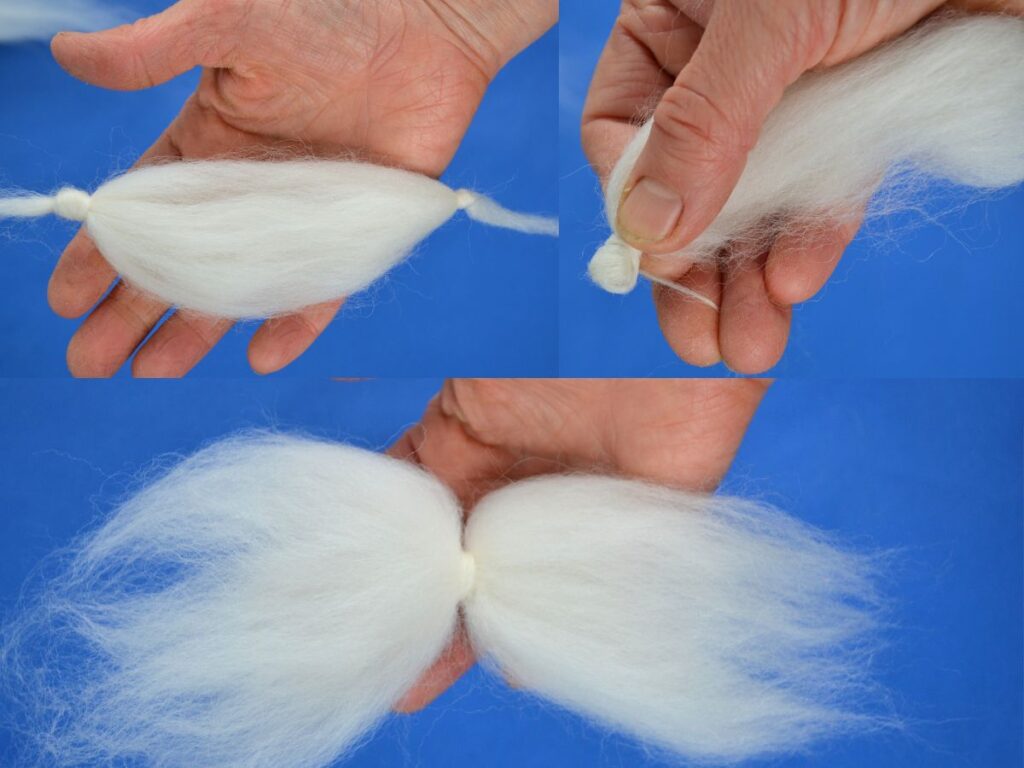 Step 5 wool angel: in a blue background, a piece of wool with two knots at the end,
and a piece of wool with a knot at the middle to form the angel's wings.