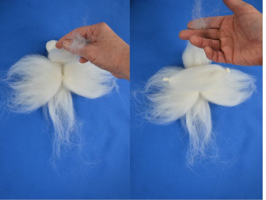 Step 6 wool angel: Wool angel's wings, and the wool hands on top.
Blue background.