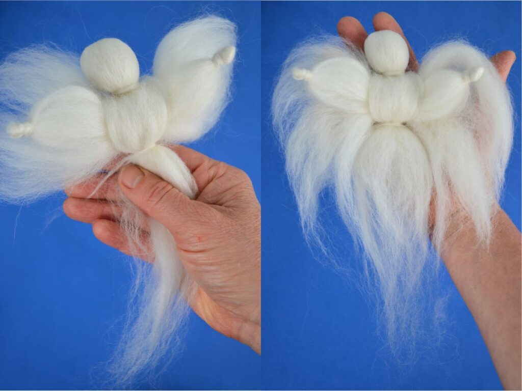 Step 7 Wool Angel: Two pictures showing a hand holding a finished white wool angel.