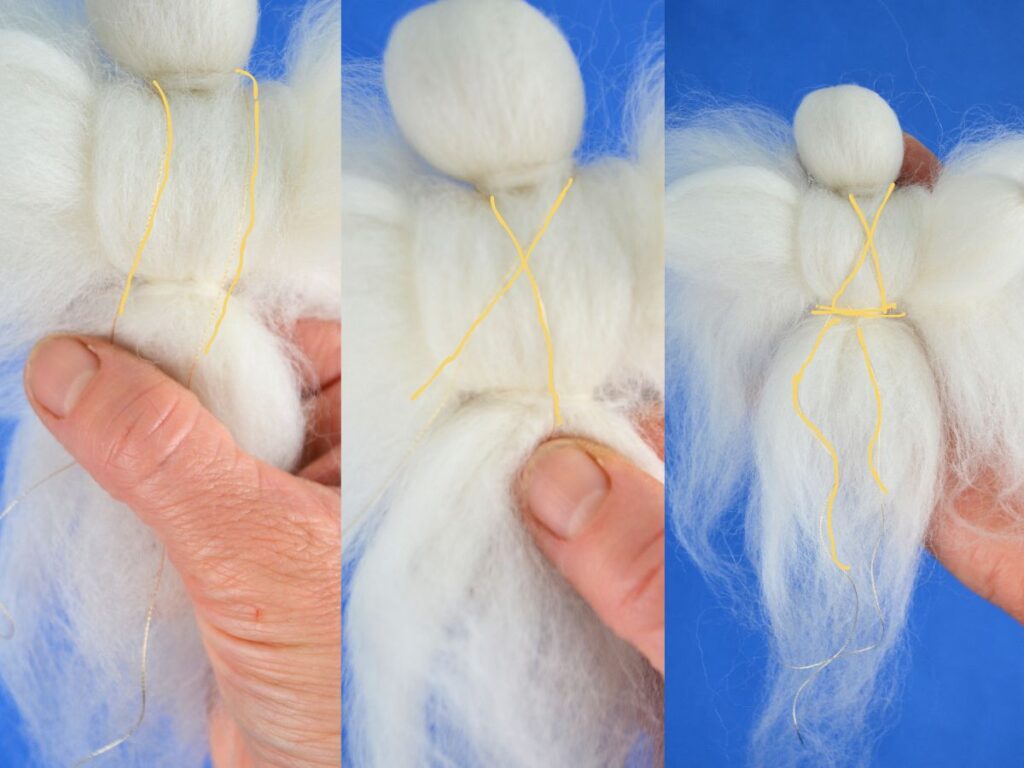 Step 8 wool angel: Three pictures showing the tying of a golden thread around the neck, crossing, and around the waist.
Blue background,