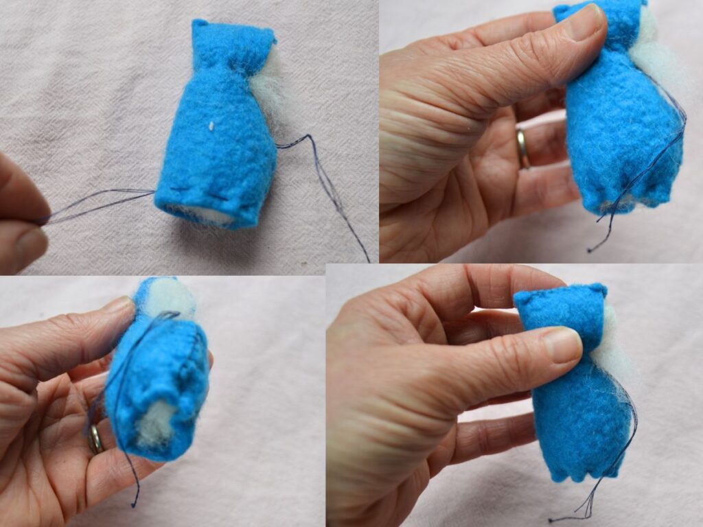 a felt gnome with a running stitch at the bottom.
A hand holding a gnome in different positions.