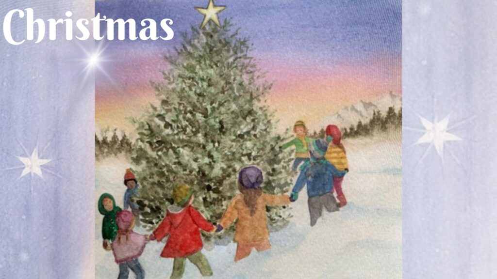 Children holding hands around a christmas tree with a star on top outside in the snow