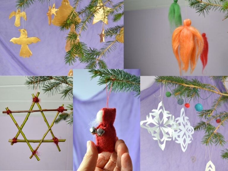 Clay shapes wool angels, star of sticks, felt gnome. paper snowflakes.