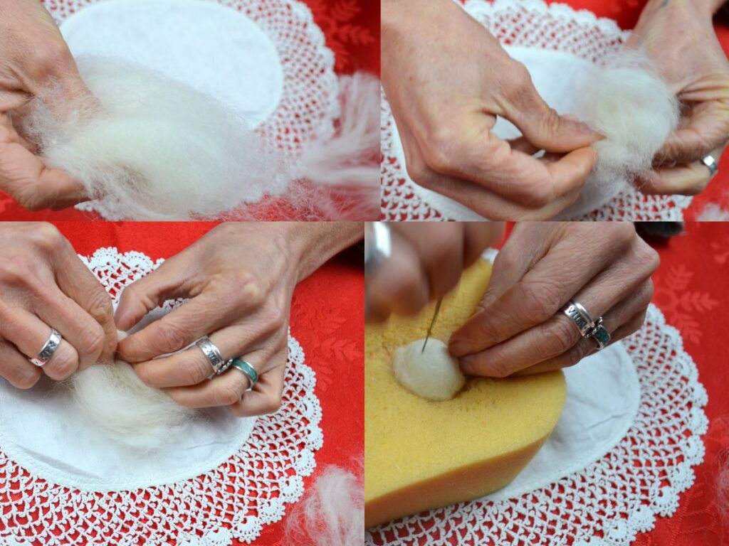 a hand with wool, and working the wool into a ball and needle felting the ball of wool.