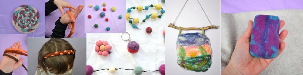 Felt projects,felt balls, hairclip, necklace,felt soap, a wall hanging, hairband, a trivet,