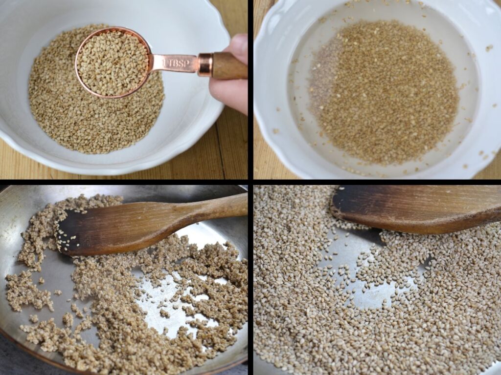 A tablespoon measuring sesame seeds, a bowl with water and sesame seeds, and sesame seeds in a pan.