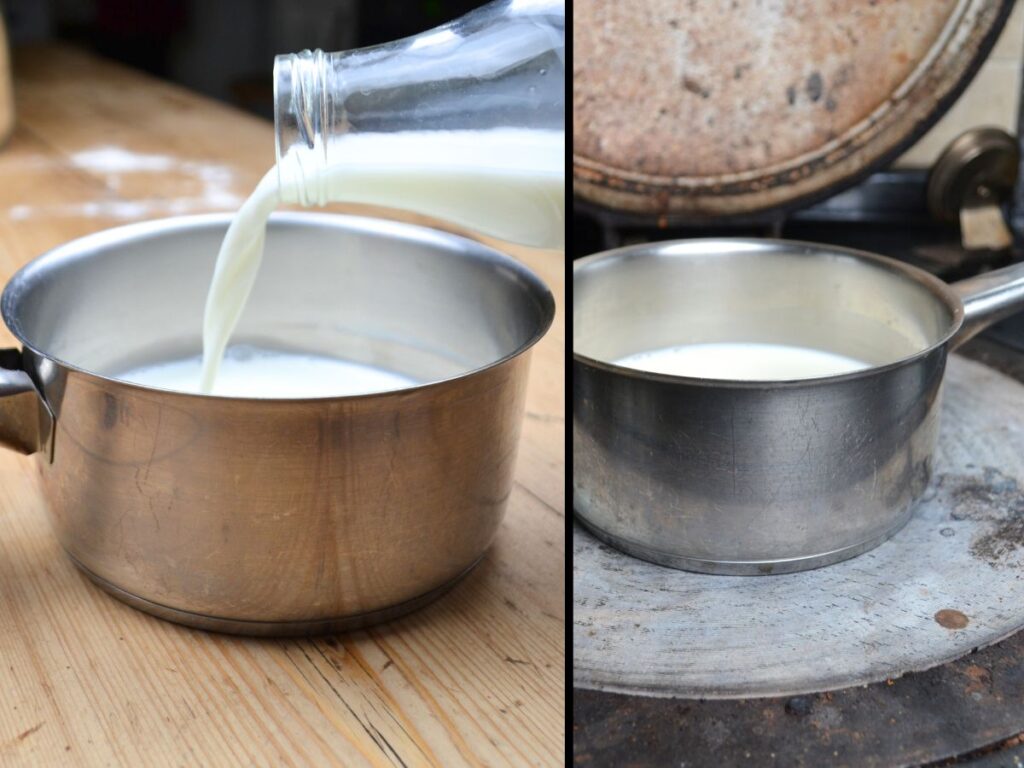 A jug of milk pouring milk into a small pan