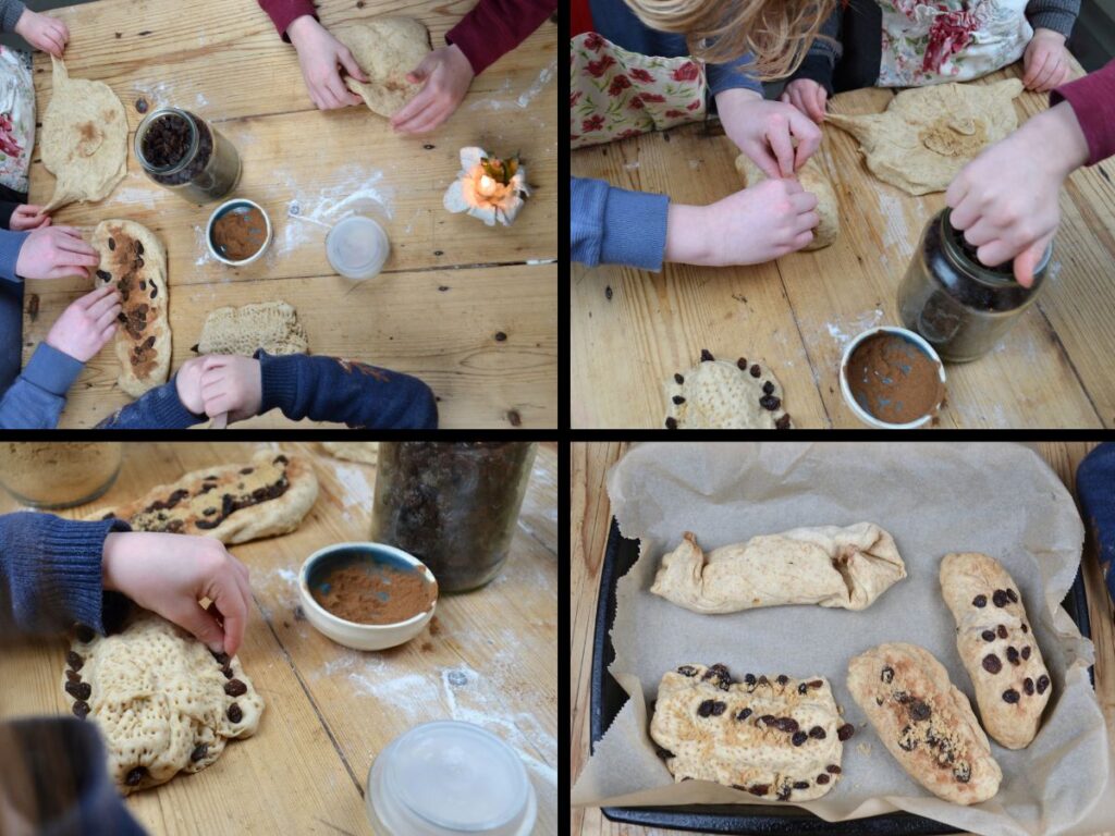 four pictures showing children shaping bread