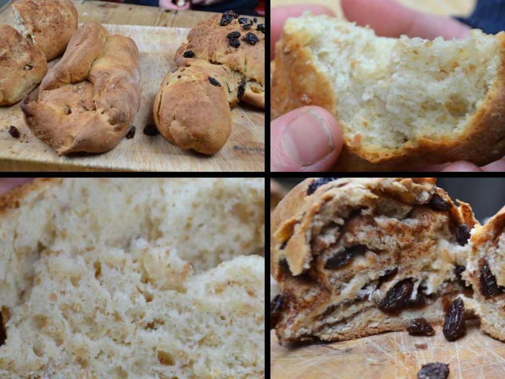 Four different pictures of freshly cooked bread.