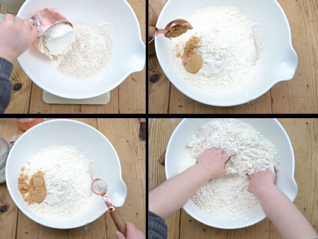 A hand adding flour, sugar, and salt to a bowl, mixing the ingredients with two hands.