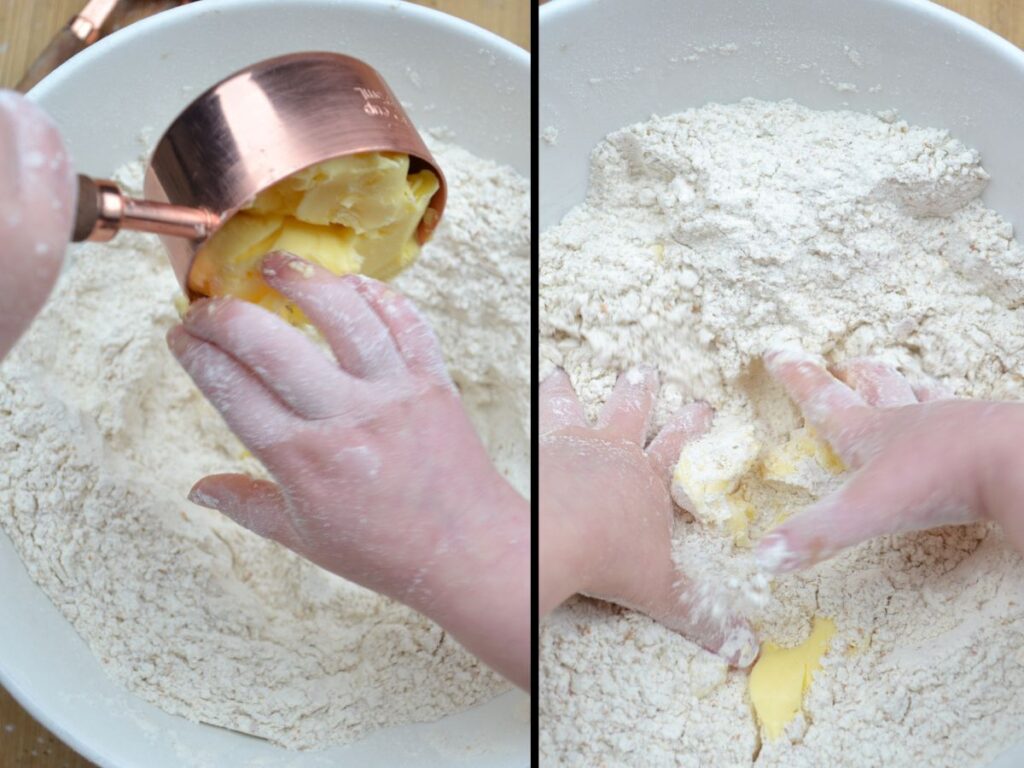 a hand scooping butter from a measuring cup into a flour mix, and a hand mixing flour with butter.