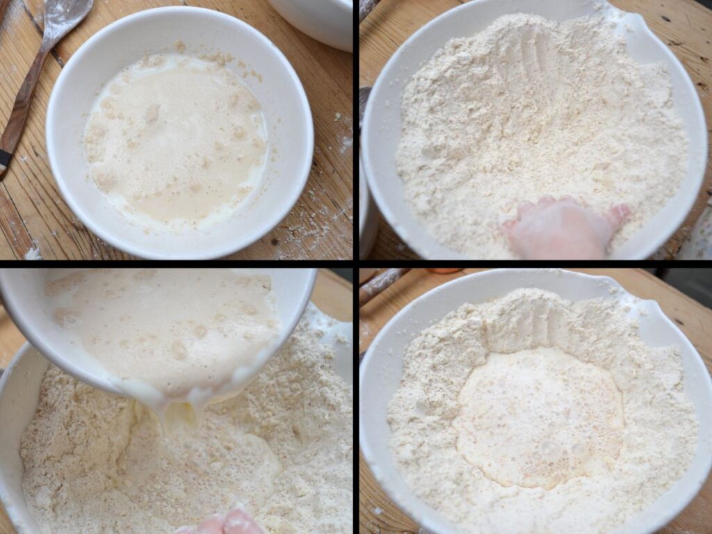 A bowl with active yeast and pictures showing the yeast being poured into a flour mix.