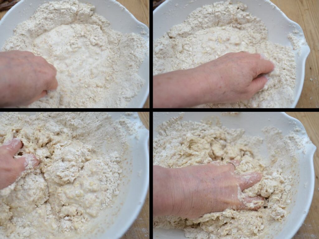 A hand combining bread ingredients.