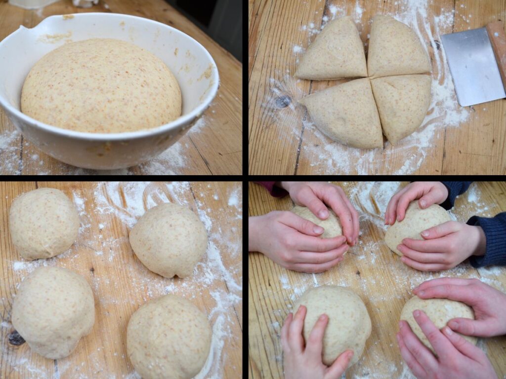 A picture showing bread dough, a second picture showing the bread dough cut into four, four balls of dough, and children's hands holding bread dough balls.