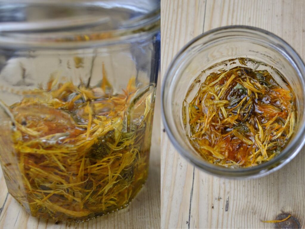 a glass jar with oil and dry calendula flowers a side view picture ana a top view picture