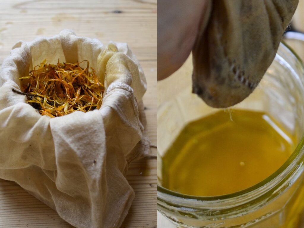 a cheesecloth on a glass jar with dry calendula flowers