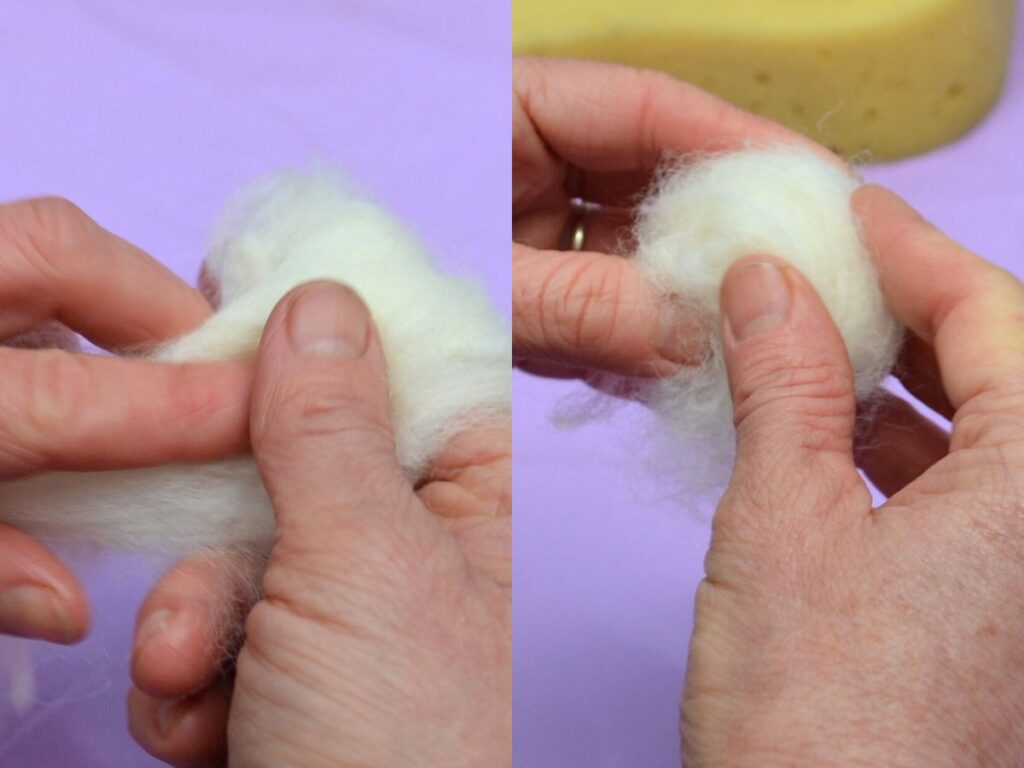 A hand shaping roving wool into a ball