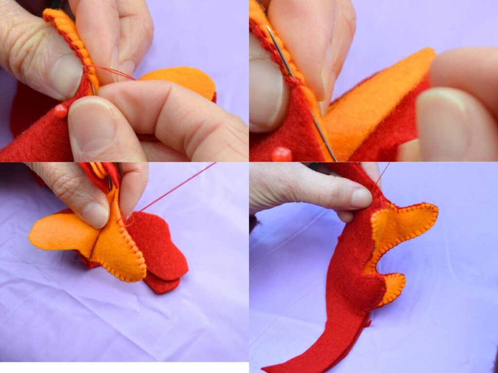 Process of sewing a felt dragon toy.