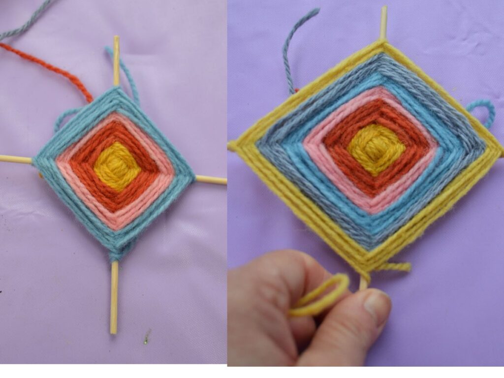4 and 5 colours in a God's eye in the making.
