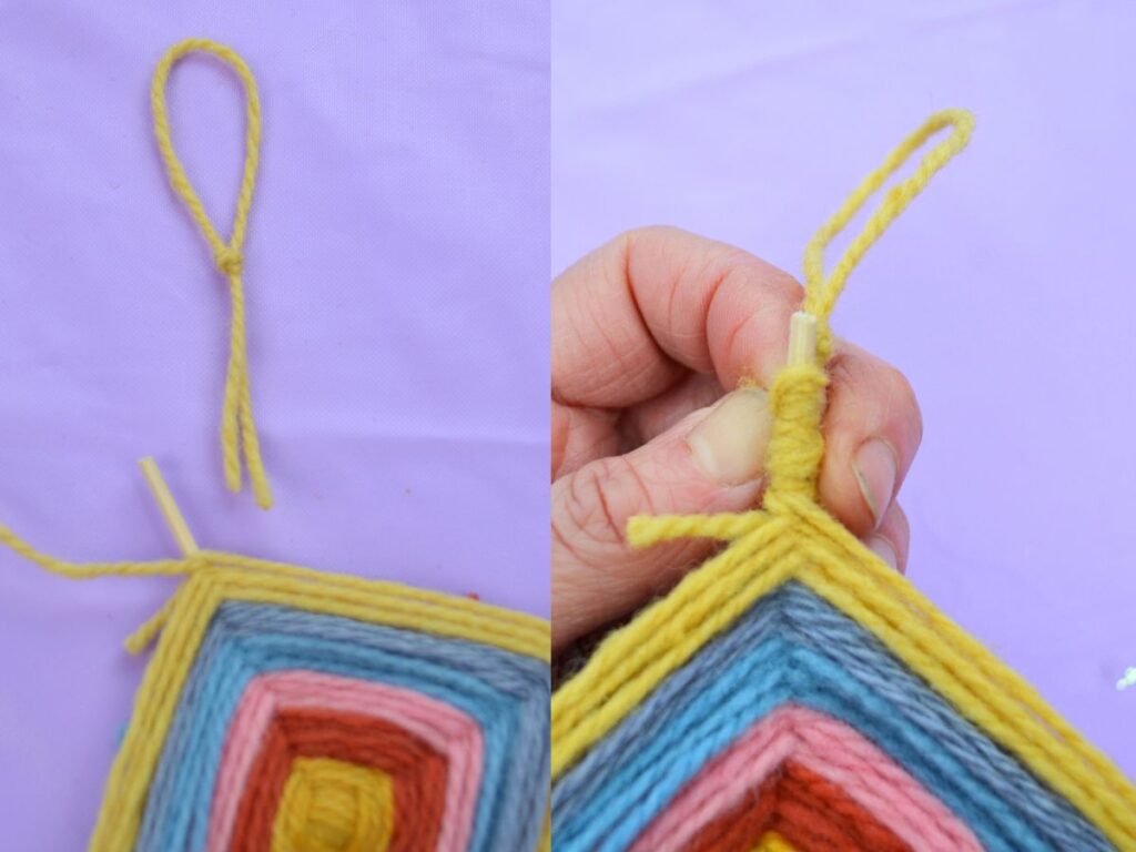 tying a knot for hanging to a God's eye.