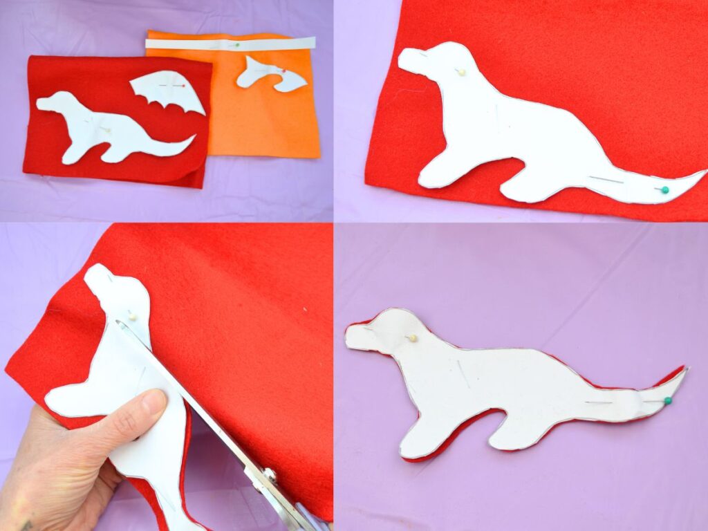 Felt with a paper dragon pattern pin to it, cutting the felt and the felt cut in a dragon shape.