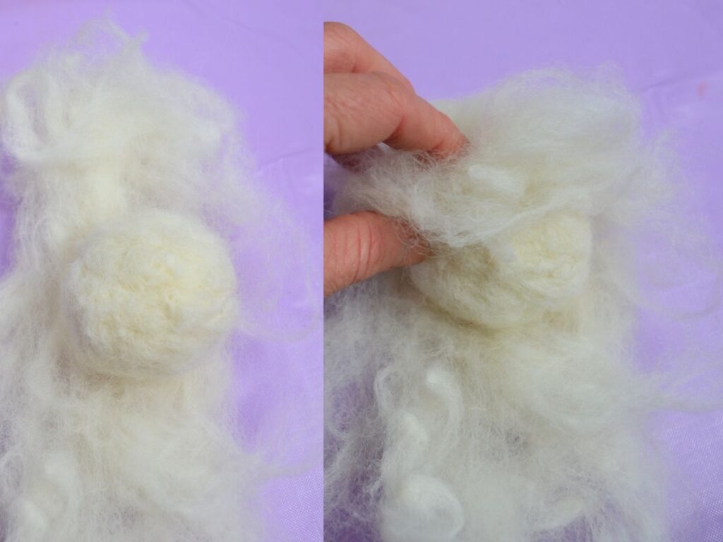 roving wool wrapping a felt ball.