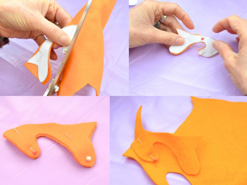 Pictures showing the cutting of the inside of the legs of a felt dragon.