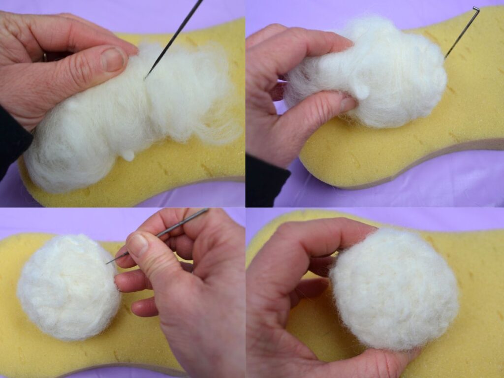 A hand working a felt needle and creating a felt ball.
