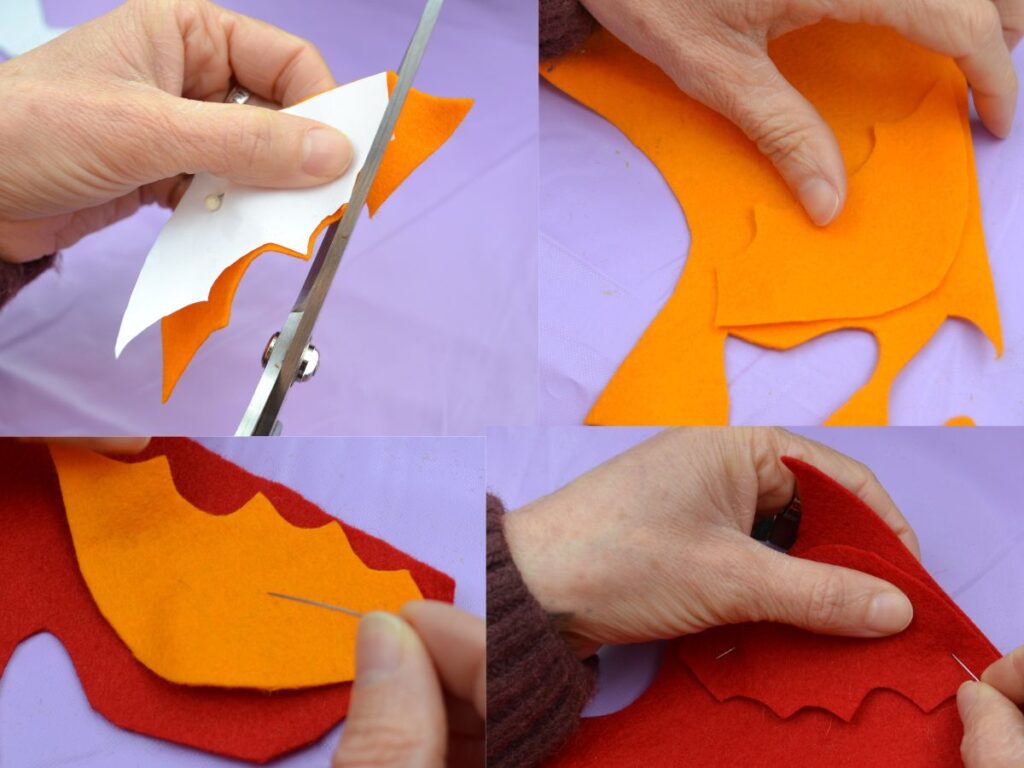 Pictures showing the process of cutting a felt dragon's wings in different colours of felt.
