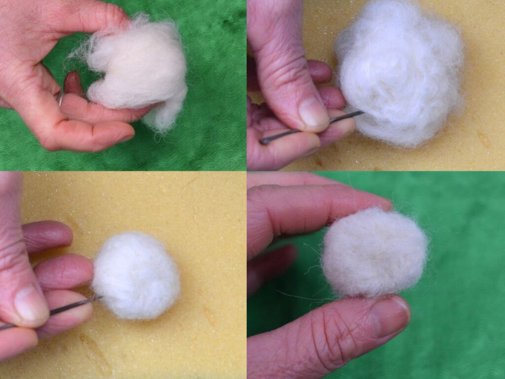 a hand needle felting some roving wool into a ball.