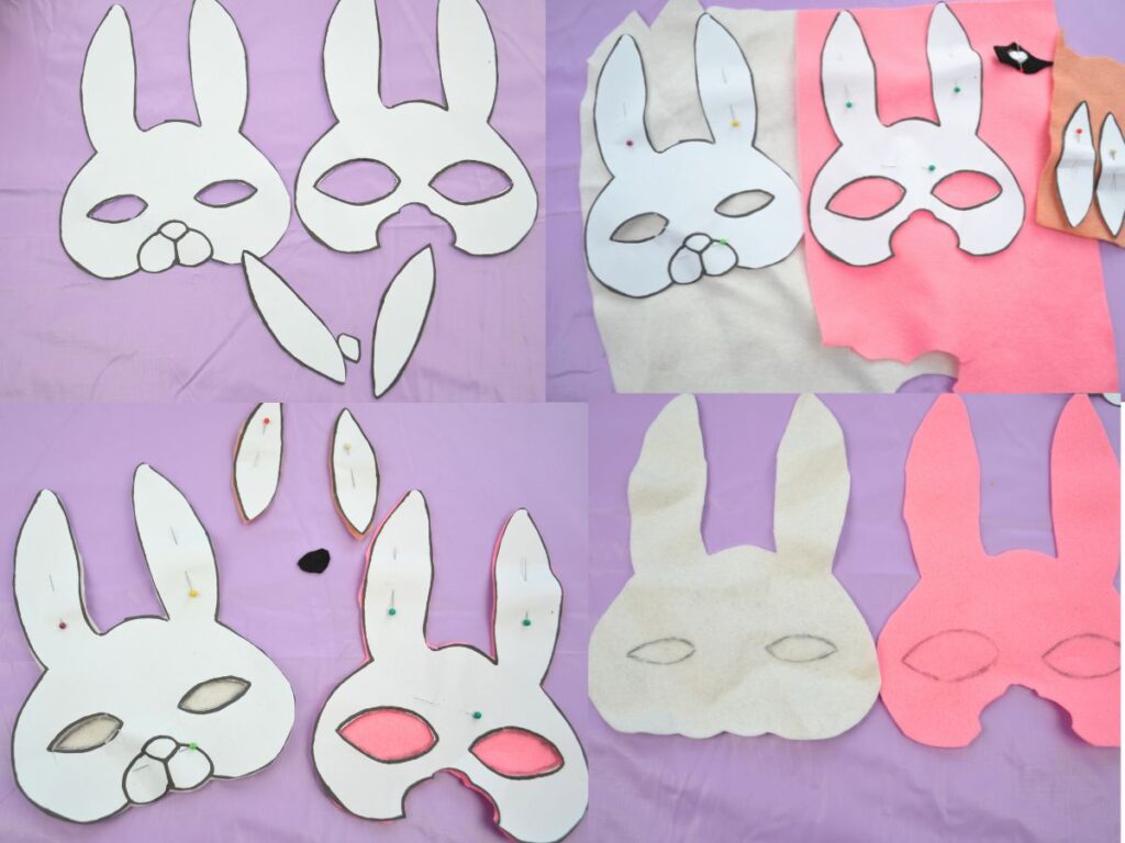 A Felt mask Bunny pattern in paper, the pin to the felt and cut on the felt.