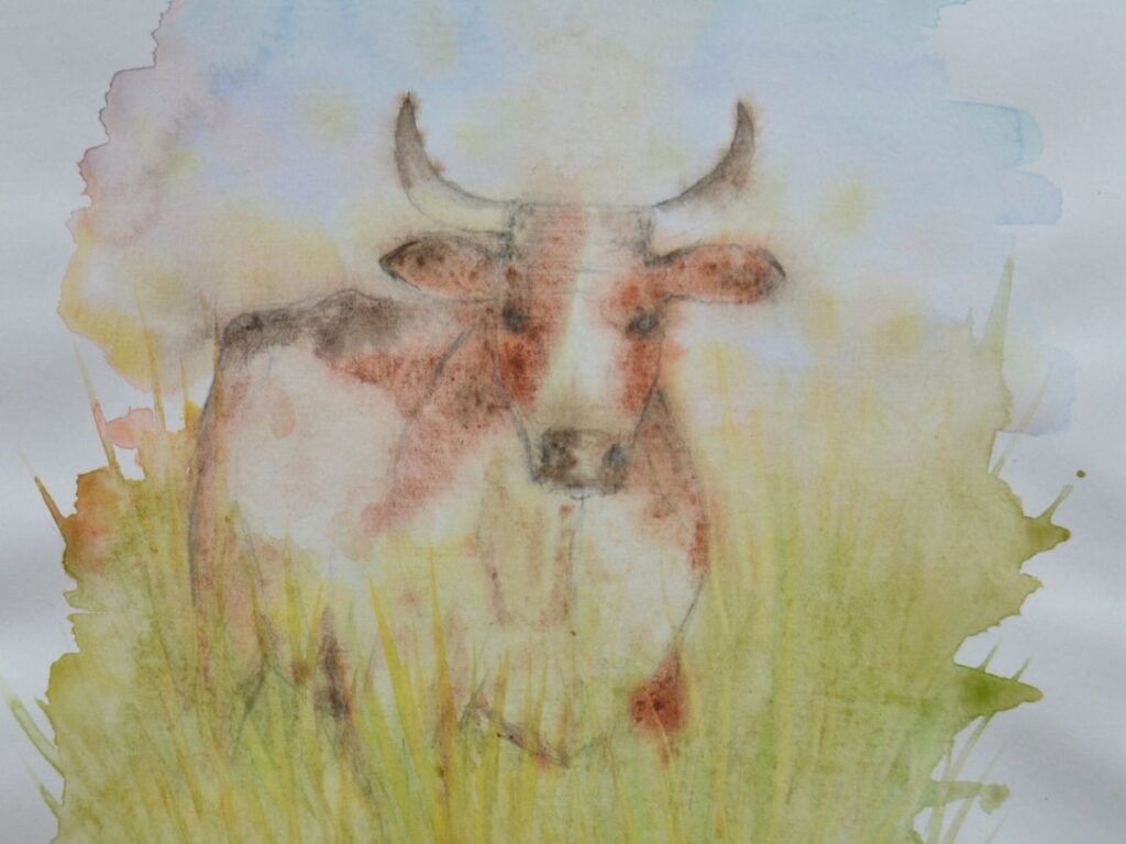 Painting of a cow with horns