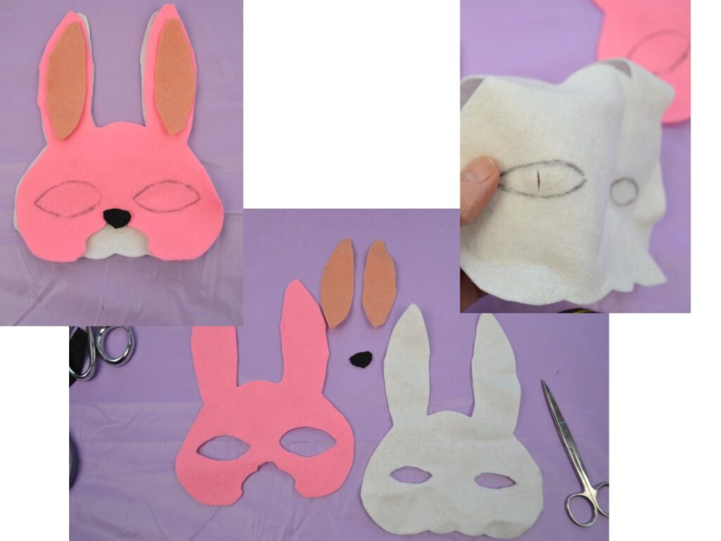 Pictures showing how to cut the hole for a bunny mask.