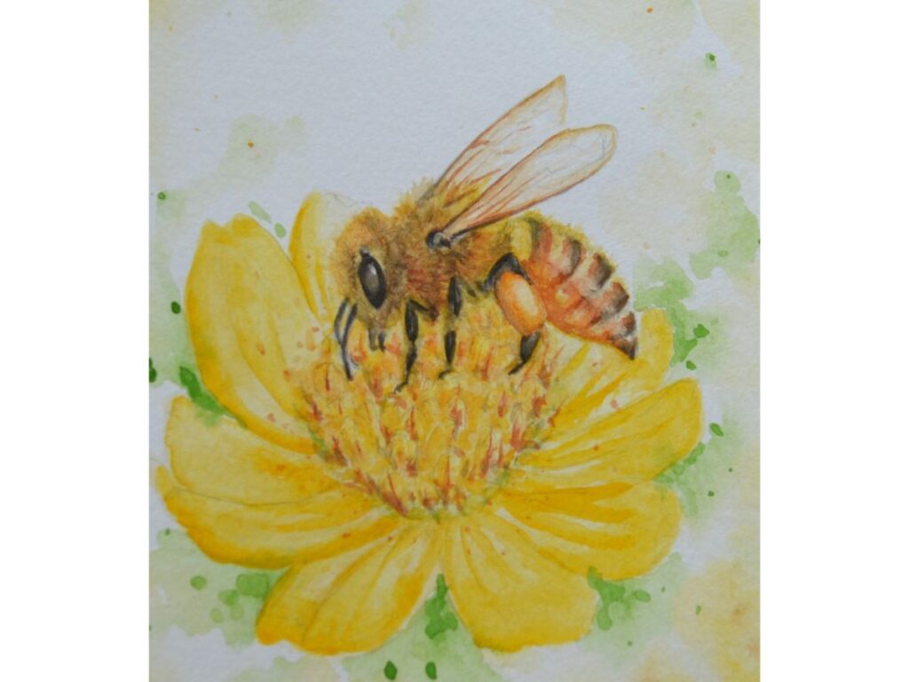 Painting of a bee on a yellow flower
