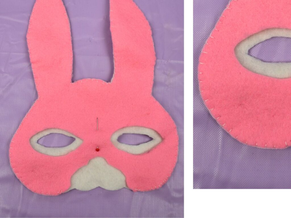 a Felt mask, Bunny sewn around using a blanket stitch.