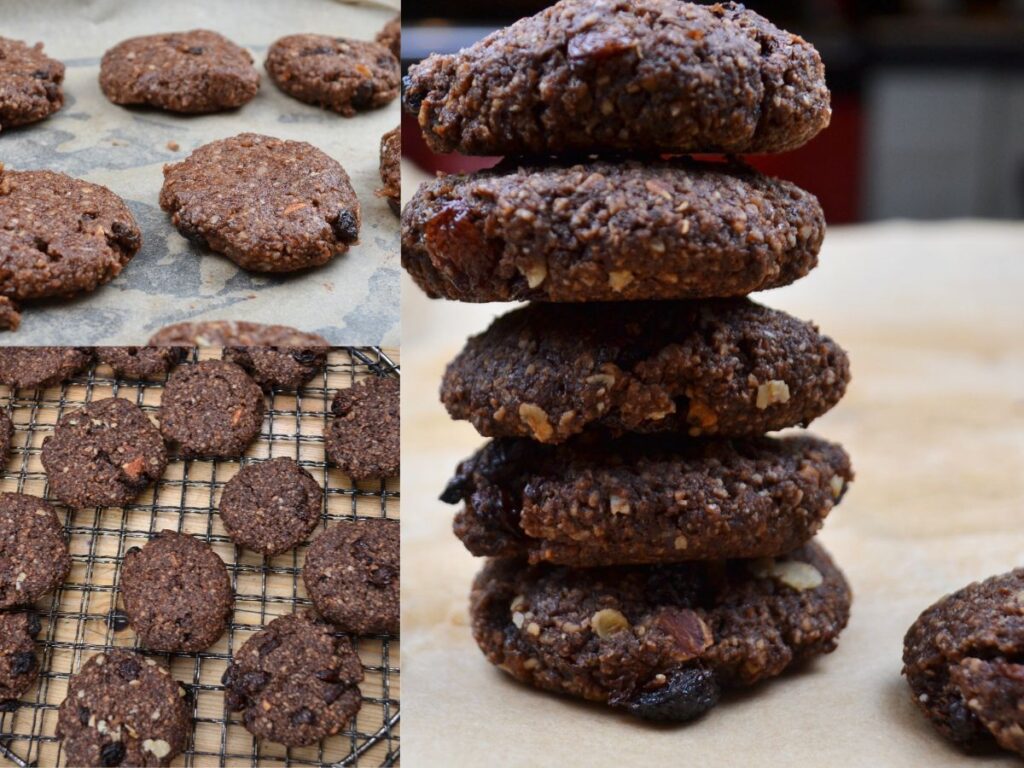Three pictures with chocolate millet cookies.
