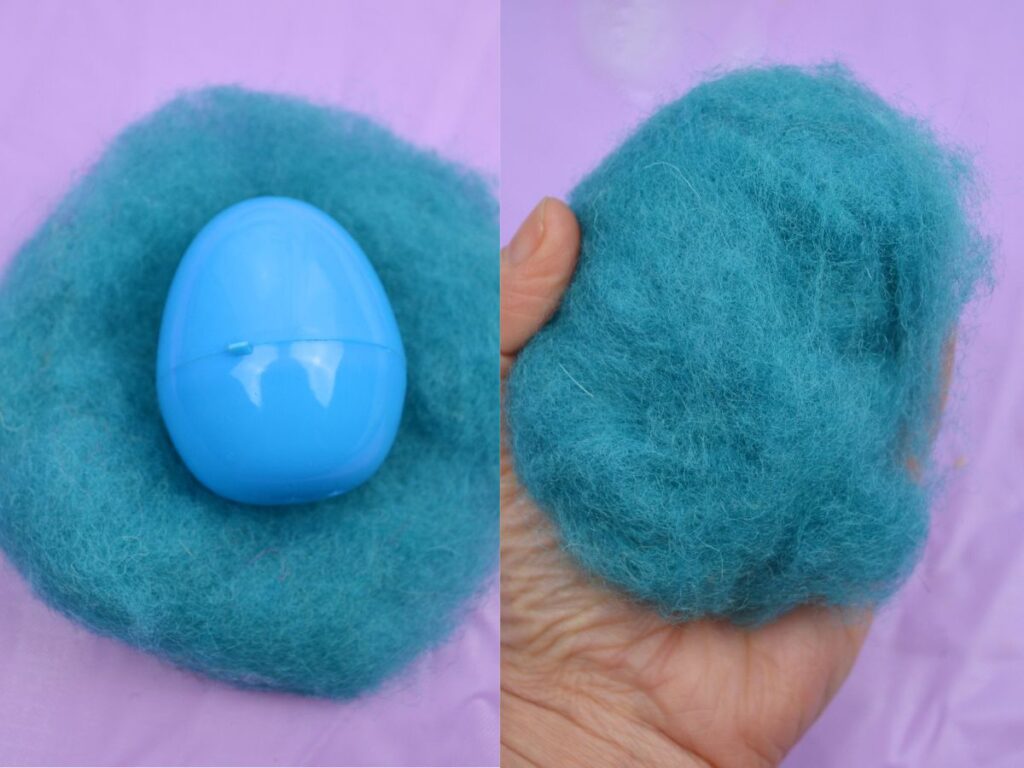 A plastic egg wrap on wool roving.