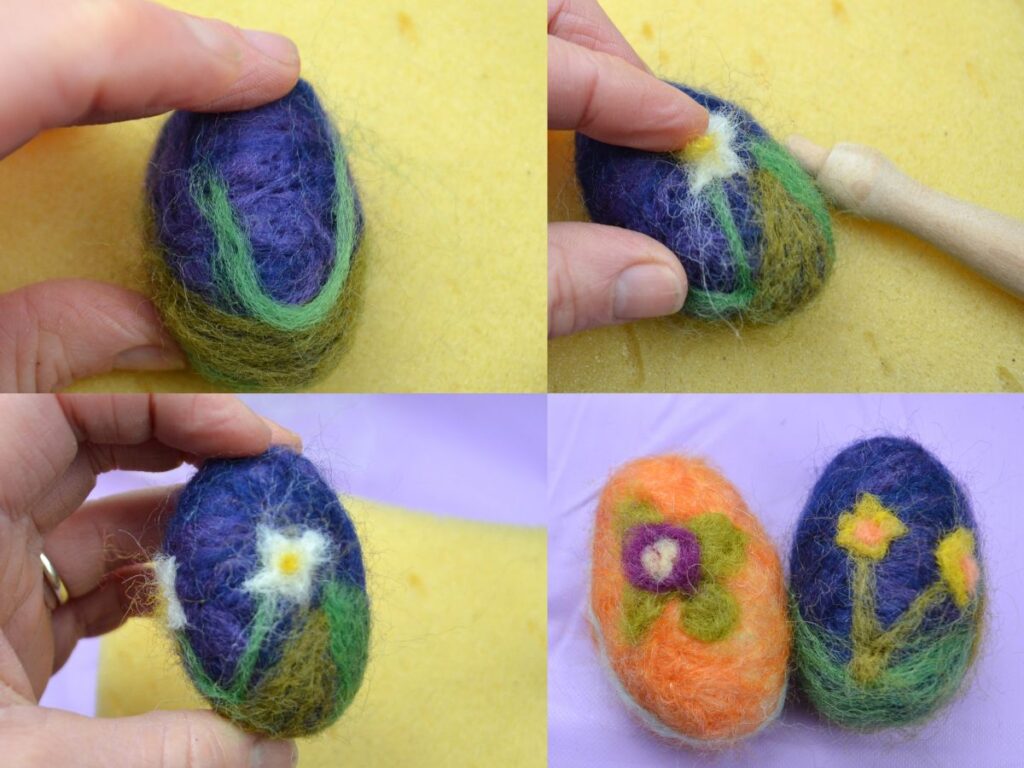 Decorating a needle felted easter egg with flowers.