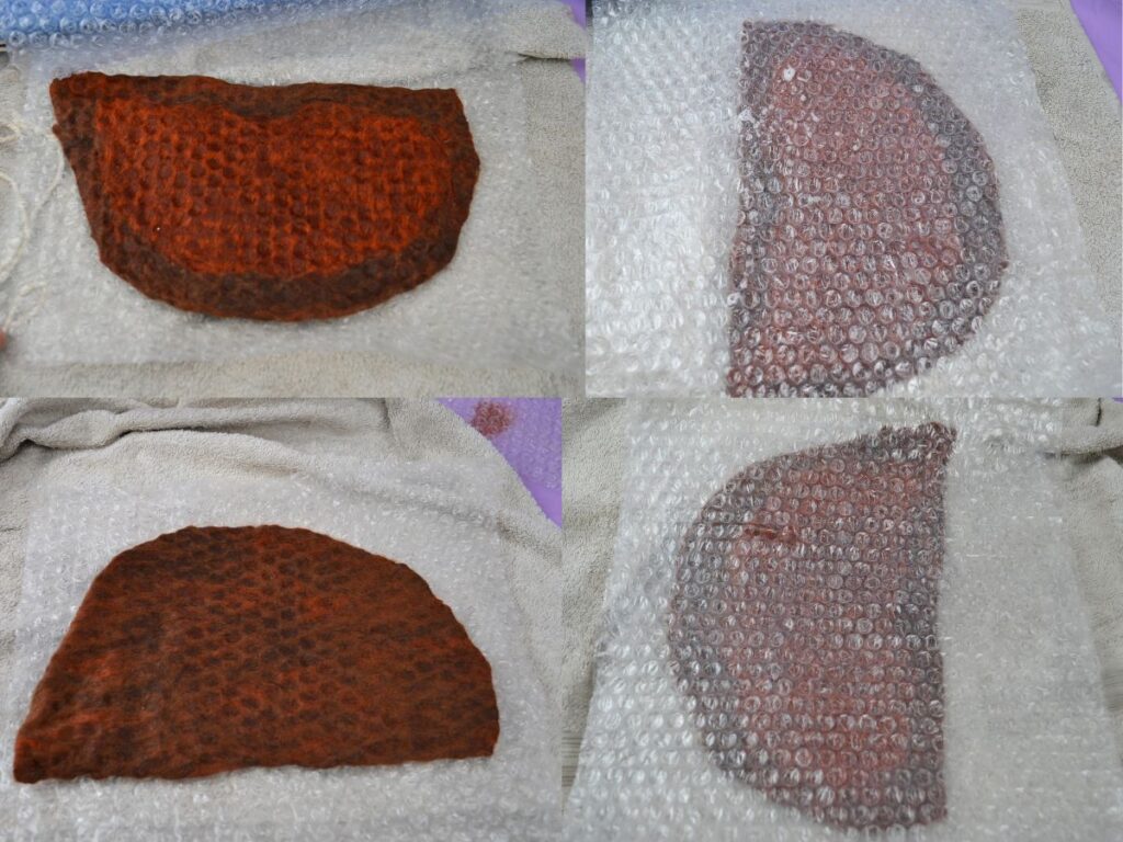 A wet-felted piece in different directions on a bubble wrap piece.