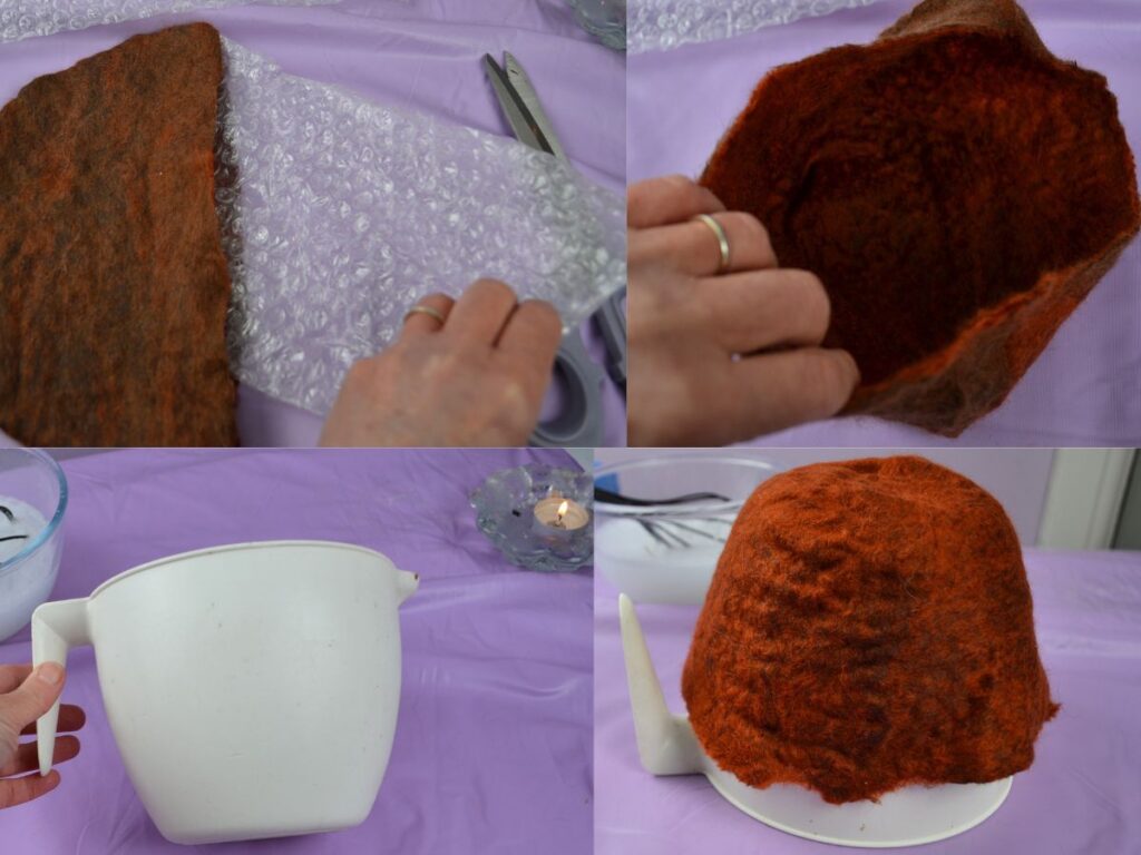 putting a wet felting piece on the back of a bowl.